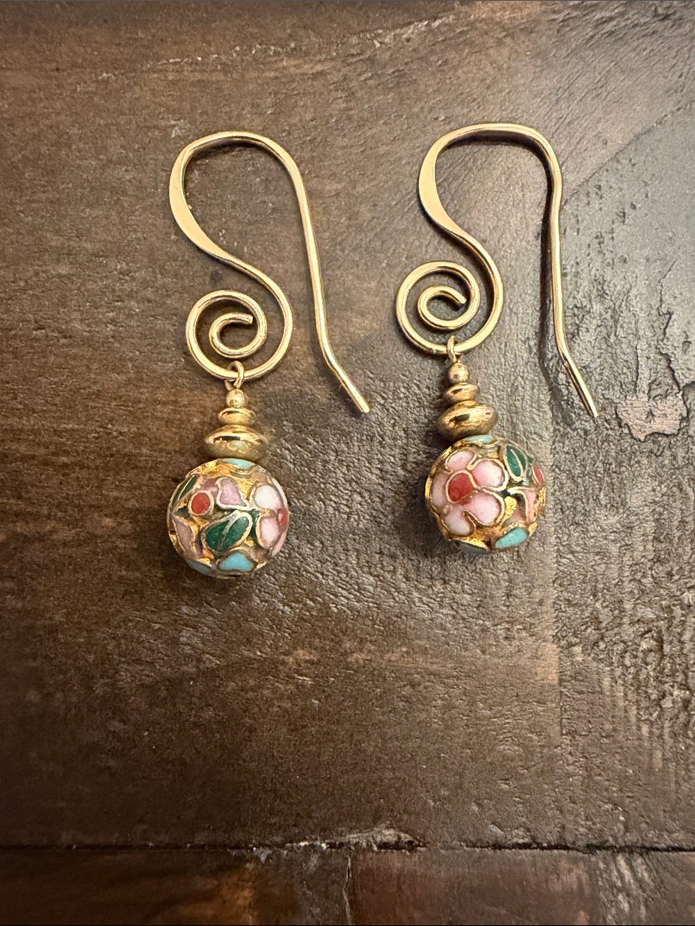 Gold-Tone Cloisonné Floral Drop Earrings